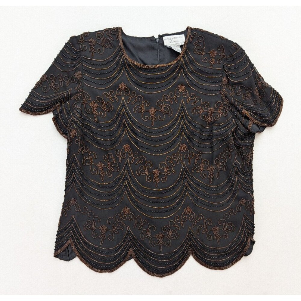 Papell Boutique Evening Women's Top Blouse SIze 1X Black Silk Fully Beaded